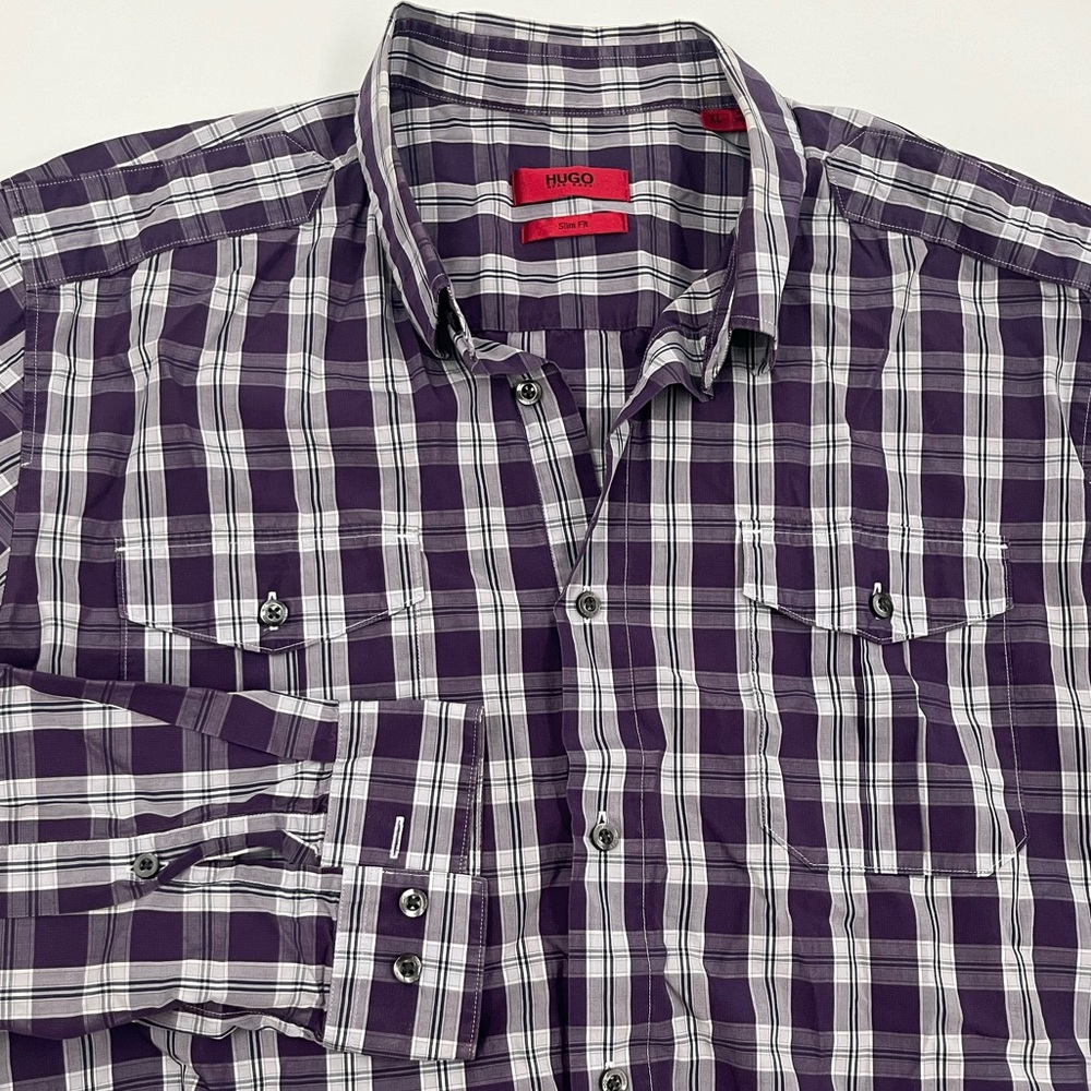 Hugo Boss Red Label Men's XL Slim Fit Purple Plaid Long Sleeve Dress Shirt